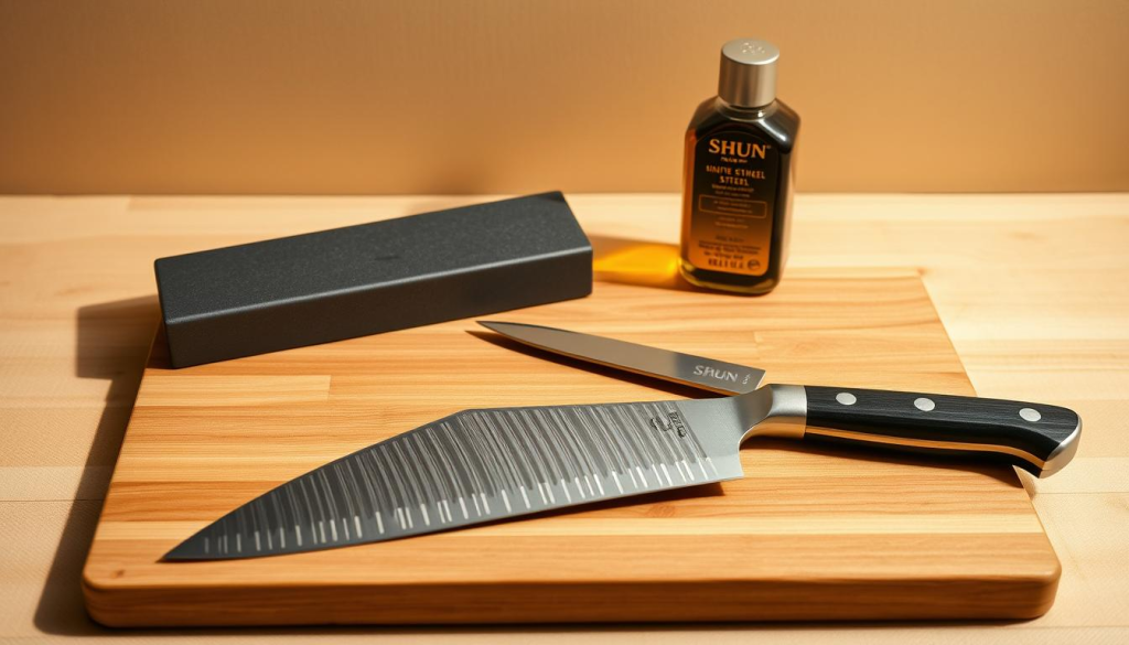 A meticulously arranged still life scene showcasing the maintenance of a Shun chef's knife. In the foreground, the blade rests on a clean, wooden cutting board, its edge honed to a razor-sharp finish. Surrounding it are various tools - a whetstone, a honing steel, and a bottle of Shun Knife Oil. The middle ground features a soft, neutral-toned backdrop, allowing the tools and knife to take center stage. Warm, directional lighting casts subtle shadows, highlighting the knife's sleek, high-carbon steel construction. The overall mood is one of precision, care, and reverence for the craft of knife maintenance, reflecting the technical expertise required to keep a premium blade in peak condition.