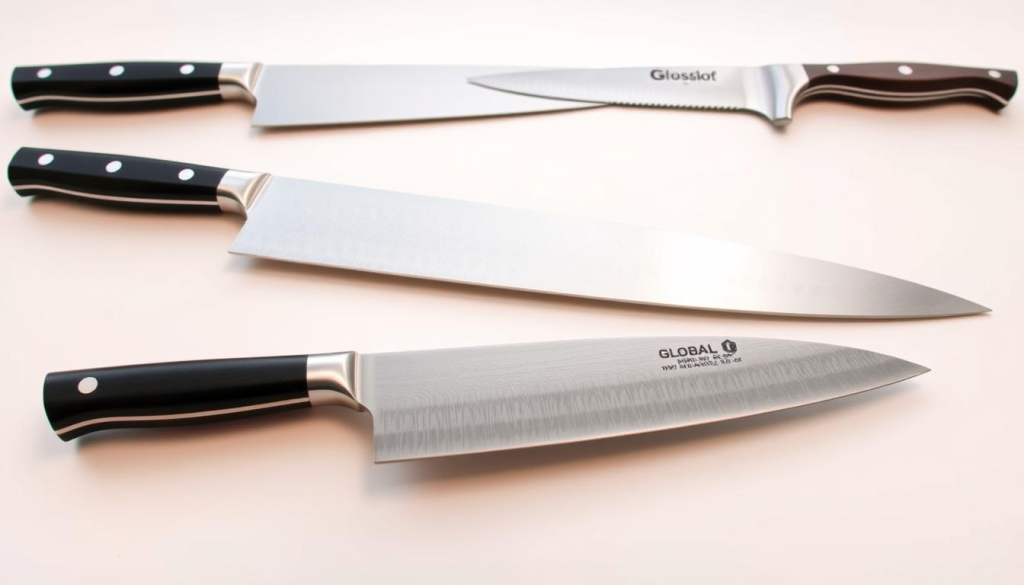 A meticulously arranged still life showcasing a high-quality cutlery comparison. In the foreground, a Shun Grey chef's knife takes center stage, its sleek, grey blade gleaming under natural lighting. Surrounding it, other premium knife brands are displayed, each with distinct designs and materials - a Wüsthof classic, a Shun Classic, and a Global G-series. The knives are shot from a low angle, highlighting their sharp, angular profiles against a minimalist, white background. The overall mood is one of sophistication and precision, inviting the viewer to closely inspect and compare the craftsmanship and performance of these culinary tools.
