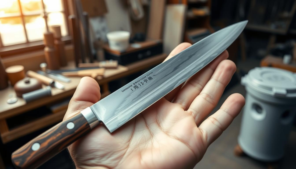 A meticulously crafted Japanese chef's knife, its blade gleaming under soft, warm lighting. The handle, carved from fine-grained wood, nestled in a large, calloused palm. In the background, a serene workshop, tools and materials arranged with precision, a testament to the skill and dedication of the master craftsman. The scene radiates a sense of reverence for the art of blade-making, each detail imbued with a centuries-old tradition of excellence.