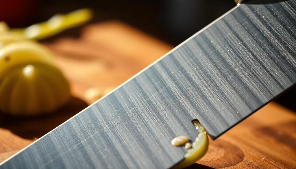 A meticulously crafted Shun Grey chef's knife, its razor-sharp blade gliding gracefully through a fresh ingredient. The scene is captured in a crisp, high-resolution close-up, showcasing the knife's sleek, elegant design and the precision of its cutting motion. Warm, natural lighting casts soft shadows, highlighting the knife's striking grey hue and the subtle textures of the material. The background is blurred, keeping the focus solely on the masterful slicing technique, a testament to the Shun Grey knife's exceptional performance in the kitchen.