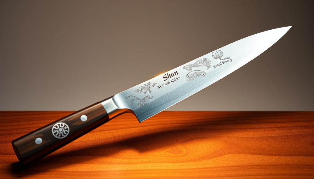 A meticulously crafted Shun chef's knife, its blade gleaming under warm studio lighting. Intricate engraved designs adorn the handle, showcasing nature-inspired patterns with a hint of Japanese aesthetic. The knife rests atop a luxurious wooden surface, framed by a minimalist background that allows the exquisite craftsmanship to take center stage. Soft shadows and subtle highlights accentuate the knife's sharp lines and smooth curves, evoking a sense of precision and elegance. This personalized, artisanal gift embodies the perfect fusion of functionality and artistry, tailored to the discerning recipient.