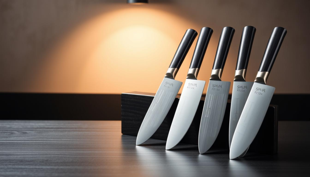 A meticulously crafted arrangement of Shun Fuji series knives, showcasing their renowned precision and Japanese artistry. The knives are positioned on a sleek, dark wooden surface, their gleaming blades catching the soft, natural light from an overhead source. The background features a minimalist, neutral backdrop, allowing the knives to take center stage and highlight their timeless elegance. The overall composition conveys the growing popularity of high-quality Japanese cutlery, emphasizing its craftsmanship, durability, and unparalleled performance.