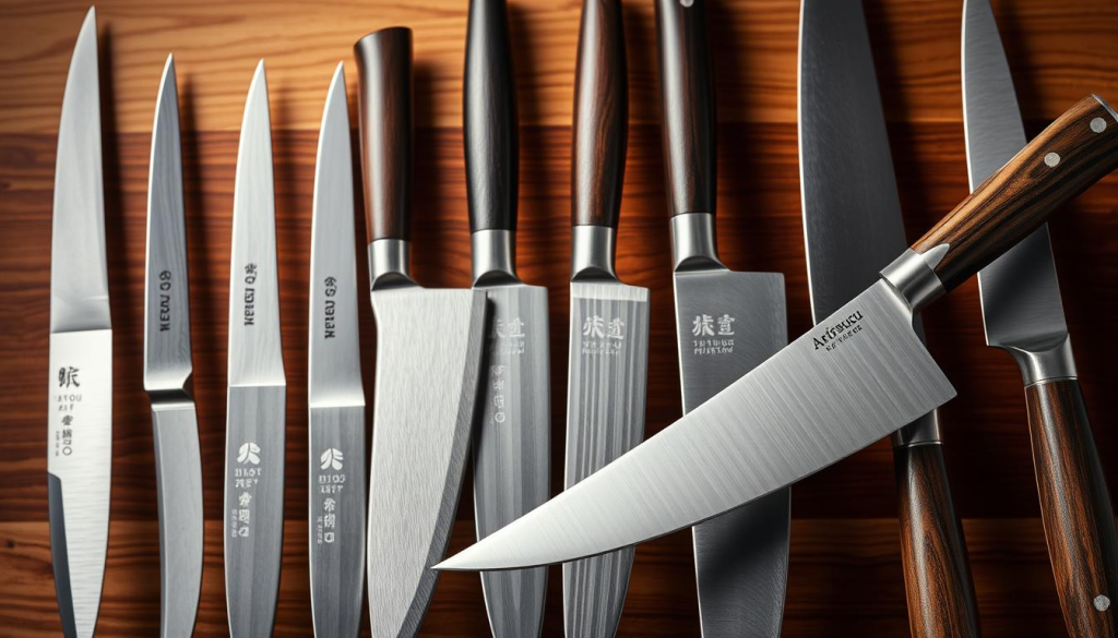 A meticulously crafted array of Aritsugu knives, each gleaming with precision and artistry, set against a backdrop of warm wooden tones. The blades, forged with centuries-old techniques, stand in striking contrast to the sleek, modern handles, highlighting the timeless craftsmanship of this esteemed Japanese brand. Soft, directional lighting casts gentle shadows, emphasizing the intricate details and the unique personality of each knife. The image invites the viewer to closely examine and compare the distinctive features, textures, and profiles of these culinary tools, celebrating the excellence and attention to detail that defines the Aritsugu legacy.