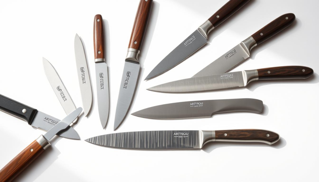 A meticulously crafted array of Aritsugu pocket knife blades, positioned against a crisp white background, illuminated by soft, natural lighting. The blades, forged from premium Japanese steel, display a range of distinct profiles - from the elegantly tapered Deba to the robust Santoku - each reflecting the exceptional craftsmanship and versatility of the Aritsugu brand. The composition showcases the subtle variations in blade shape, bevel, and finish, inviting the viewer to appreciate the thoughtful design and engineering that defines these exceptional everyday carry tools.