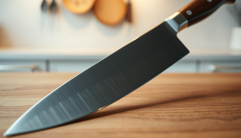 A meticulously crafted, premium chef's knife resting on a sleek, wooden surface. The blade gleams under soft, directional lighting, showcasing its razor-sharp, high-carbon steel edge. The handle, made of durable, ergonomic material, is elegantly tapered, offering a comfortable and secure grip. In the background, a blurred, minimalist kitchen setting creates a sense of refined professionalism. The knife's silhouette is captured from a low angle, emphasizing its precision and power, ready to tackle the most demanding culinary tasks.