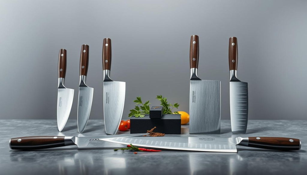 A meticulously crafted set of Japanese chef knives laid out against a sleek, minimalist backdrop. The blades gleam under soft, directional lighting, showcasing their razor-sharp edges and precise, high-quality construction. The handles, expertly sculpted from premium materials, radiate an air of understated elegance. In the middle ground, a sharpening stone and a few carefully positioned ingredients, such as fresh herbs and vegetables, create a sense of kitchen functionality. The overall scene exudes a harmonious balance of form and function, reflecting the dedication and skill of the Japanese culinary tradition.