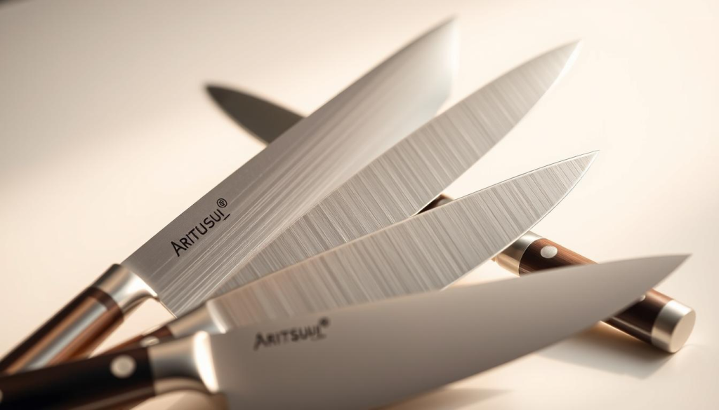 A meticulously crafted set of professional kitchen knives, each with a gleaming stainless steel blade and a sleek, ergonomic handle. The knives are arranged in a visually striking composition, capturing the essence of precision and craftsmanship. The lighting is soft and diffused, creating a warm, inviting atmosphere that highlights the subtle details and textures of the blades. The background is a clean, minimalist setting, allowing the knives to take center stage and showcase their exceptional quality. This image conveys the superior craftsmanship and attention to detail that define the Aritsugu brand, making it the perfect visual accompaniment to the article's exploration of why these Japanese knives are the ideal choice for any discerning kitchen.