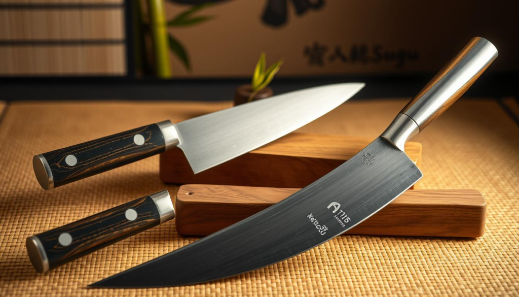A meticulously crafted still life of a set of traditional Aritsugu knives, the legendary blades forged in the heart of Kyoto, Japan. In the foreground, the knives are displayed with reverence, their razor-sharp edges gleaming under the soft, warm lighting. The blades, crafted from high-carbon steel, are carefully balanced and shaped, reflecting the centuries-old techniques passed down through generations of Aritsugu artisans. In the middle ground, a backdrop of traditional Japanese landscape elements, such as a finely textured tatami mat, a bamboo shoot, or a subtle pattern, adds depth and context to the scene. The overall atmosphere evokes a sense of timeless craftsmanship, cultural heritage, and the reverence for the art of knife-making that is deeply rooted in Kyoto's culinary traditions.