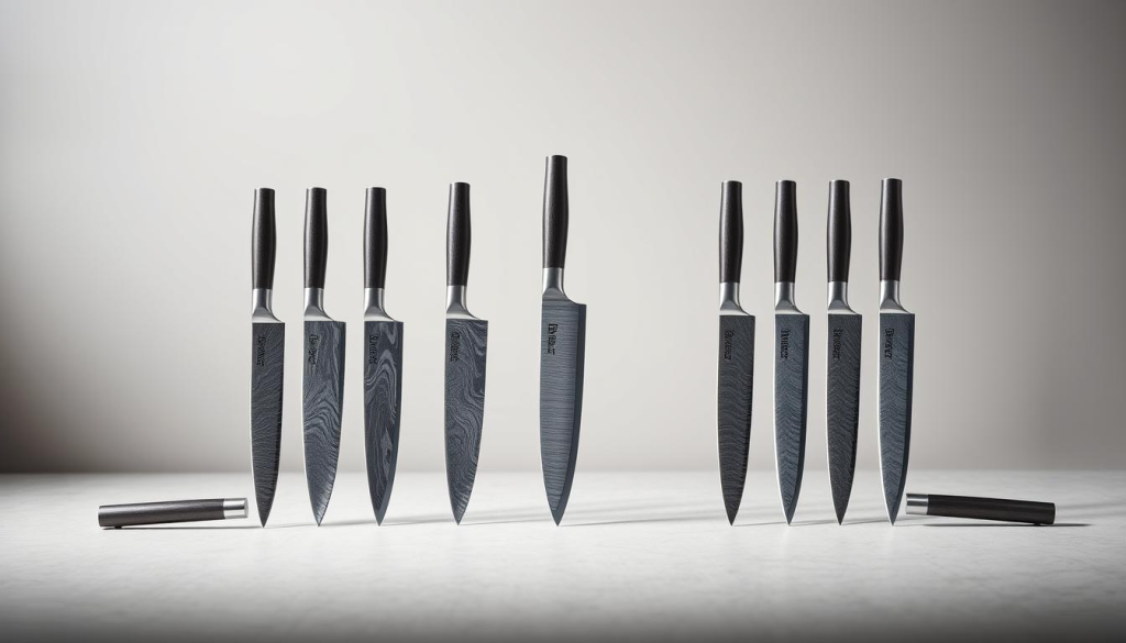 A meticulously crafted still life showcasing a premium collection of Shun Japanese knives, placed prominently against a minimalist backdrop. The knives, with their razor-sharp blades and exquisite Damascus-patterned steel, are illuminated by soft, directional lighting that accentuates their sleek, elegant forms. In the foreground, the knives are arranged in a visually striking comparison, allowing the viewer to appreciate the unique characteristics and quality of each model. The middle ground features a clean, neutral surface, drawing the eye to the knives themselves. The background is a simple, muted tone, creating a sense of depth and emphasizing the craftsmanship of the cutlery. The overall composition conveys a sense of refinement, precision, and the superior craftsmanship of Shun Japanese knives.