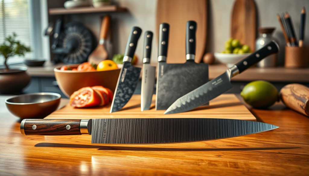 A meticulously crafted still life showcasing a range of Sakai Takayuki knives in various culinary settings. In the foreground, a hand-forged santoku knife with a razor-sharp edge glints under warm, directional lighting, its elegant Japanese-style handle subtly reflecting the scene. In the middle ground, a collection of other Sakai Takayuki blades - a slender sashimi knife, a sturdy cleaver, and a precisely balanced utility knife - are arranged on a natural wooden surface, their polished Damascus steel blades complementing the earthy tones. In the background, a serene kitchen environment with subtle details like a steaming pot, fresh produce, and minimalist decor, creates a sense of harmony and artistry. The overall composition emphasizes the precision, durability, and inherent beauty of these exceptional Japanese-made knives.