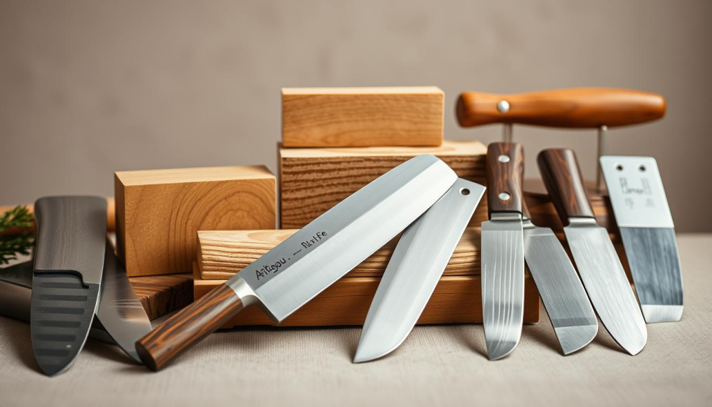 A meticulously crafted still life showcasing the raw materials of Aritsugu knives. In the foreground, a collection of shimmering steel blades in varying shapes and sizes, their surfaces reflecting the soft, natural light. In the middle ground, blocks of finely grained Japanese oak and delicately carved wooden handles, their warm tones and intricate textures inviting closer inspection. The background features a neutral, minimalist backdrop, allowing the craftsmanship and materials to take center stage. Captured with a crisp, high-resolution lens and carefully balanced lighting, this image captures the essence of the Aritsugu knife-making tradition - a harmonious blend of precise engineering and traditional artistry.
