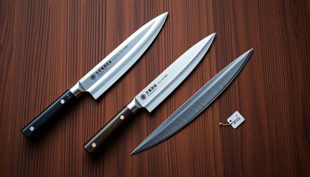 A meticulously crafted still life showcasing three Shun Kaji knives on a minimalist wooden surface. The knives are presented in a visually arresting manner, with their razor-sharp blades and elegant handles highlighted by soft, directional lighting. The image conveys a sense of precision, quality, and Japanese craftsmanship. The knives are accompanied by a small price tag for each, allowing for a direct comparison of their respective values. The overall composition and attention to detail create a refined and informative visual that effectively communicates the "Price Point and Value" section of the article.