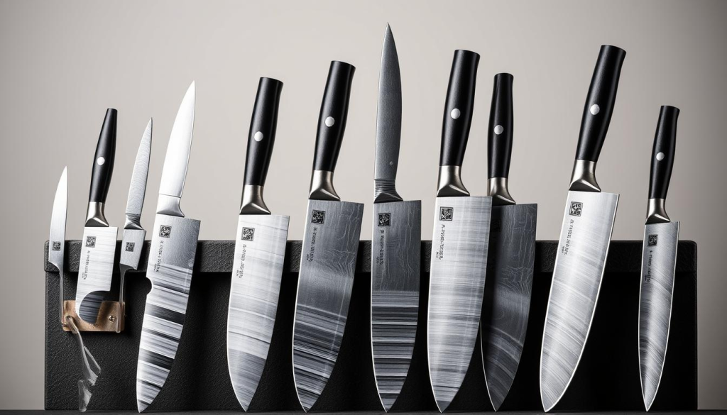 A meticulously curated collection of Shun Kagerou knives, showcased in a well-lit studio setting. The blades glisten with precision, their razor-sharp edges and sleek, ergonomic handles arranged in an elegant display. The knives are captured from a slightly elevated angle, highlighting their artful design and the expert craftsmanship behind each piece. The background is a minimalist, neutral tone, allowing the knives to take center stage and emphasize their quality and attention to detail. The overall composition conveys a sense of sophistication, inviting the viewer to appreciate the beauty and functionality of these exceptional culinary tools.