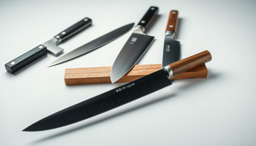A meticulously lit studio photography setup showcasing an assortment of high-quality Japanese kitchen knives. In the foreground, a razor-sharp Nakiri vegetable knife takes center stage, its sleek black blade and polished wooden handle gleaming under soft, directional lighting. Surrounding it, an array of other premium chef's knives including a Santoku, a Gyuto, and a Deba, each with its own distinct profile and purpose. The knives are arranged on a neutral, minimalist surface, allowing their craftsmanship and material quality to be the focal point. The overall mood is one of precision, elegance, and a celebration of Japanese culinary artistry.