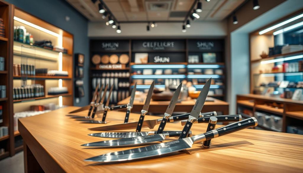 A modern, well-lit retail store interior showcasing a display of premium Shun chef's knives. The knives are meticulously arranged on a sleek, wooden countertop, their razor-sharp blades and elegant Japanese-inspired designs catching the eye. Soft, directional lighting illuminates the knives, highlighting their craftsmanship and attention to detail. In the background, shelves stocked with related kitchen accessories create a sense of an elevated, specialty knife shop. The overall atmosphere conveys a blend of traditional Japanese artistry and contemporary, high-end shopping experience, inviting the viewer to explore and discover the world of authentic Shun knives.
