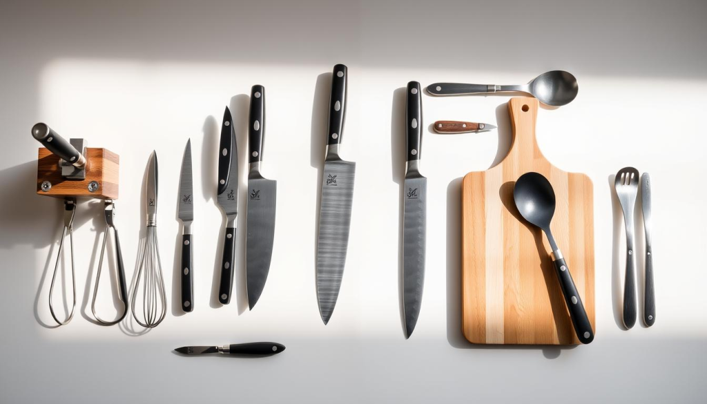 A neatly arranged collection of Shun kitchen accessories, including a sleek knife block, a set of elegant knife blades, a cutting board with a natural wood grain, and various kitchen utensils such as tongs, a whisk, and a spatula. The items are illuminated by soft, natural lighting, casting warm, inviting shadows on a minimalist, white background. The overall atmosphere conveys a sense of sophistication and attention to detail, perfectly complementing the culinary experience promised by the Shun brand.