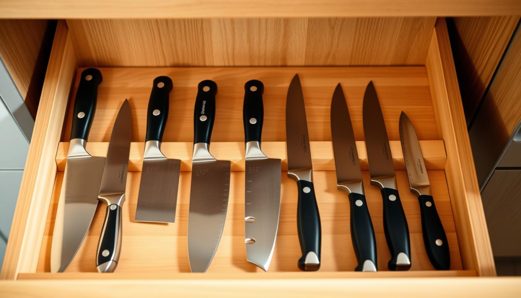 A neatly arranged kitchen drawer showcasing an efficient knife organization system. In the foreground, a variety of high-quality chef's knives, including a santoku, a paring knife, and a serrated bread knife, are meticulously placed in individual slots or compartments, their blades gleaming under soft, directional lighting. In the middle ground, custom-fit knife blocks or dividers create a clean, organized layout, allowing for easy access and visibility of each blade. The background features a minimalist, wood-paneled drawer interior, complementing the sleek, modern aesthetic. The overall scene conveys a sense of order, functionality, and the thoughtful care taken to maintain a well-organized kitchen toolkit.