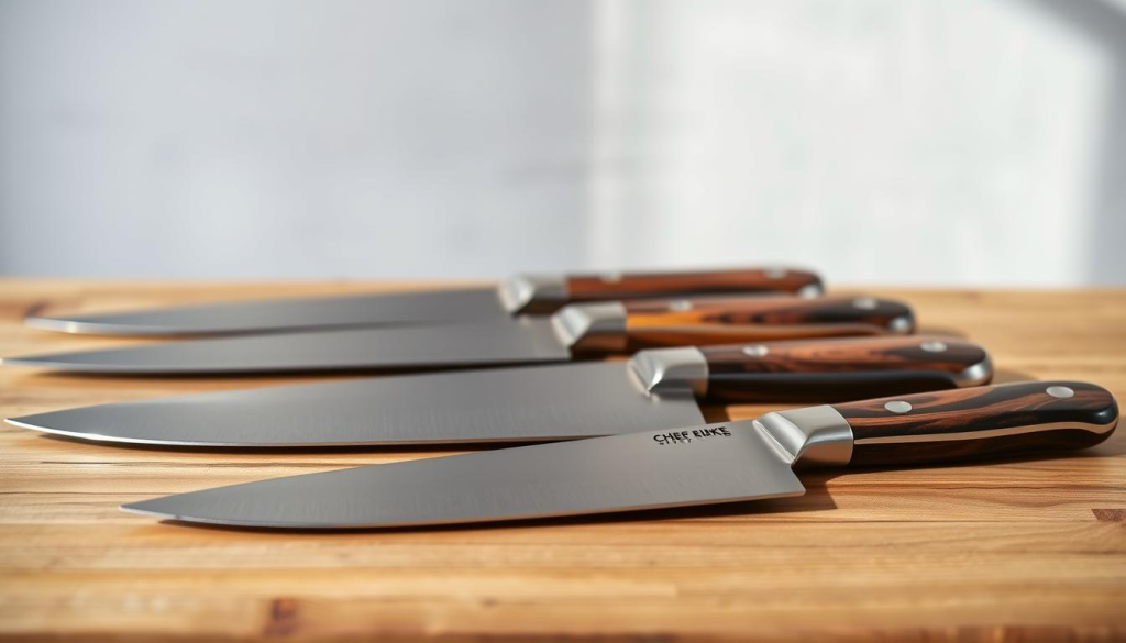 A neatly arranged still life of high-quality chef's knives on a wooden surface. The knives are laid out in the foreground, showcasing their distinct blade shapes, sharp edges, and sleek handles made of premium materials like stainless steel and wood. The mid-ground features a neutral, slightly blurred background, allowing the knives to be the focal point. Soft, natural lighting illuminates the scene, highlighting the knives' intricate details and reflecting off their polished surfaces. The overall composition exudes a sense of elegance, craftsmanship, and the attention to detail that characterizes the finest culinary tools.