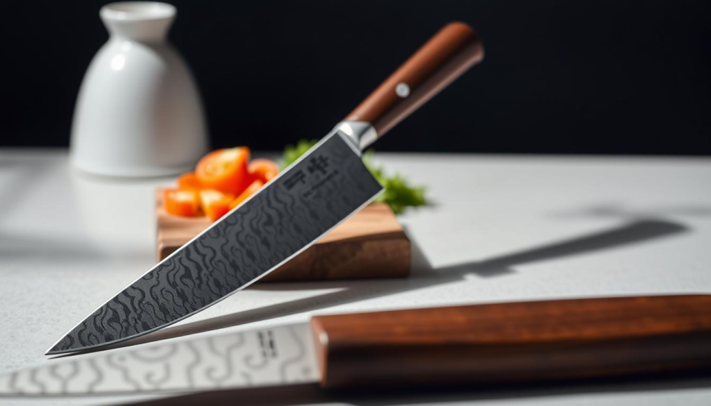A neatly arranged still life showcasing a high-quality Shun Japanese knife set. In the foreground, the knives are elegantly displayed, their razor-sharp blades gleaming under soft, natural lighting. The knives are positioned to highlight their unique Damascus-patterned steel and sleek, contoured handles crafted from smooth, dark-colored wood. In the middle ground, a few chopped vegetables or herbs add a touch of culinary context. The background is a clean, minimalist setting, allowing the knives to be the focal point. The overall mood is one of precision, craftsmanship, and the beauty of high-end Japanese cutlery.