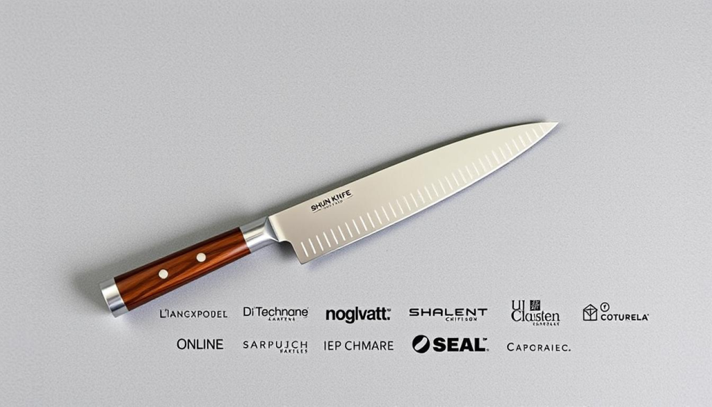 A neatly arranged still life showcasing the Shun Knife 5.5, with various purchase options displayed in the foreground. The knife is positioned prominently, its gleaming blade and elegant contours illuminated by soft, natural lighting. Around it, a selection of online and physical retailer logos are artfully arranged, each presented in a clean, minimalist style that complements the knife's premium aesthetic. The background features a muted, textured surface, allowing the focus to remain on the key product and purchase details. The overall composition conveys a sense of sophistication and accessibility, inviting the viewer to explore the available options for acquiring this high-quality culinary tool.