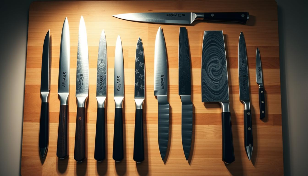 A neatly organized display of Sakai Takayuki knives in various sizes and styles, showcasing their sleek and minimalist Japanese design. The knives are arranged on a clean, well-lit wooden surface, with a neutral background that allows the high-quality craftsmanship to take center stage. The lighting is soft and even, highlighting the intricate patterns and textures of the blade steel, while also casting subtle shadows to add depth and dimension. The image conveys a sense of precision, value, and the overall excellence of the Sakai Takayuki brand, inviting the viewer to appreciate the investment in these exceptional culinary tools.