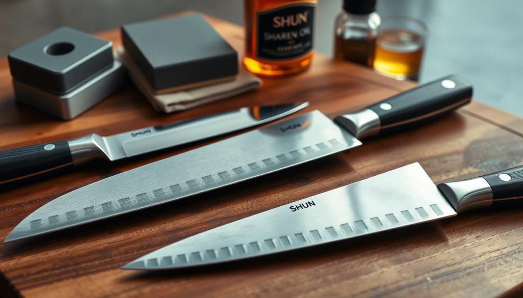 A polished wooden cutting board, with an assortment of Shun knives carefully arranged. The blades gleam under the soft, warm lighting, their razor-sharp edges hinting at the precision they offer. In the background, a set of sharpening stones, polishing cloths, and a bottle of Shun's proprietary knife oil, creating a serene, almost meditative atmosphere. The focus is on the knives themselves, highlighting their quality craftsmanship and the importance of proper care and maintenance to ensure a lifetime of use.