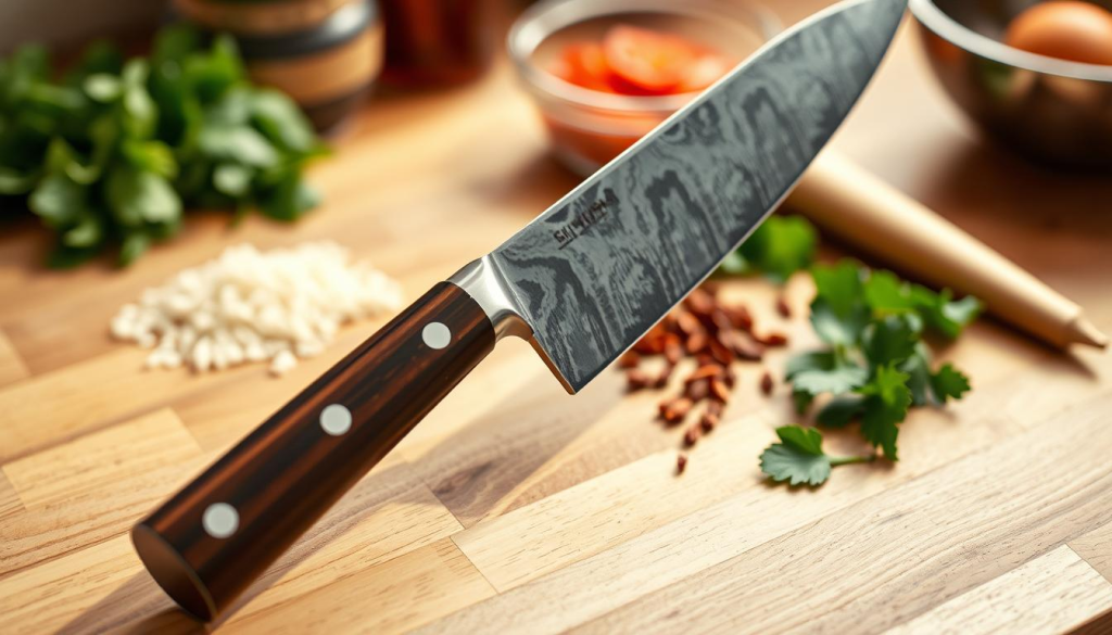 A precise 4-inch Shun chef's knife rests on a wooden kitchen counter, its razor-sharp Japanese VG-MAX steel blade gleaming under soft, warm lighting. The knife's sleek, ebony pakkawood handle and elegant Damascus steel pattern create a striking visual contrast. In the background, a blurred array of culinary ingredients, from fresh herbs to aromatic spices, suggests the knife's versatility in tackling a variety of kitchen tasks with unparalleled precision and control. The image conveys a sense of sophistication, craftsmanship, and the essential role a high-quality Shun knife plays in elevating the home cooking experience.