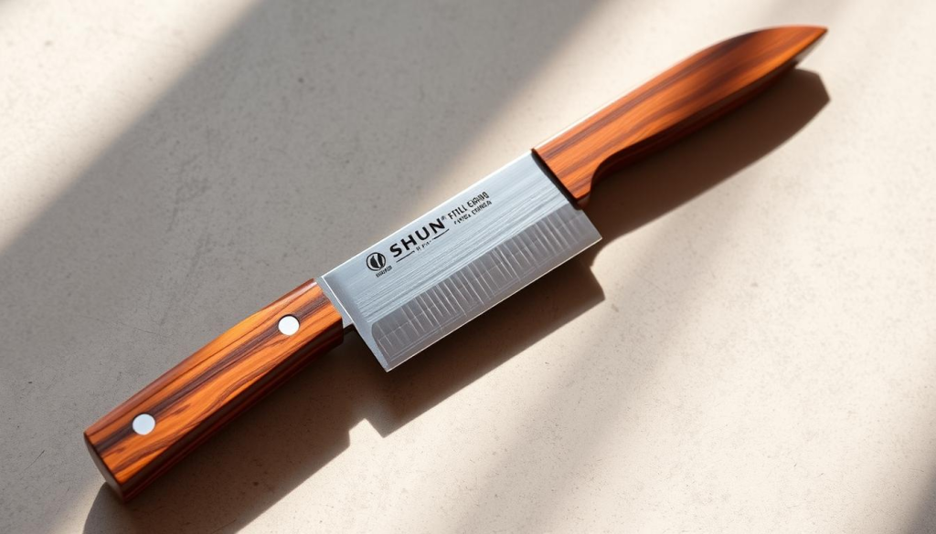 A precisely crafted 8 inch Shun kitchen knife, meticulously designed with a sleek and modern aesthetic. The blade, forged from high-carbon VG-MAX steel, gleams under soft, directional lighting, showcasing its razor-sharp edge and impeccable craftsmanship. The handle, made from beautiful pakkawood, is ergonomically shaped to fit comfortably in the hand, enabling precise control and effortless maneuverability. The knife is positioned against a subtly textured backdrop, allowing its elegant form and exceptional attention to detail to take center stage. This image captures the essence of the Shun 8 inch knife - a harmonious blend of function, beauty, and the Japanese artistry that defines the brand.