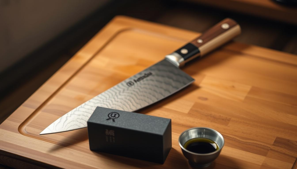 A precisely crafted Aritsugu deba knife rests on a wooden cutting board, its blade gleaming under the warm glow of a soft, diffused light. The knife's intricate damascus pattern is visible, hinting at its exceptional craftsmanship. In the foreground, a sharpening stone and a small bowl of honing oil stand ready, signaling the attention required to maintain this prized culinary tool. The background is subtly blurred, allowing the viewer to focus on the knife and the process of its care. The overall atmosphere evokes a sense of reverence and appreciation for the skill and artistry involved in preserving the Aritsugu deba knife's peak performance.