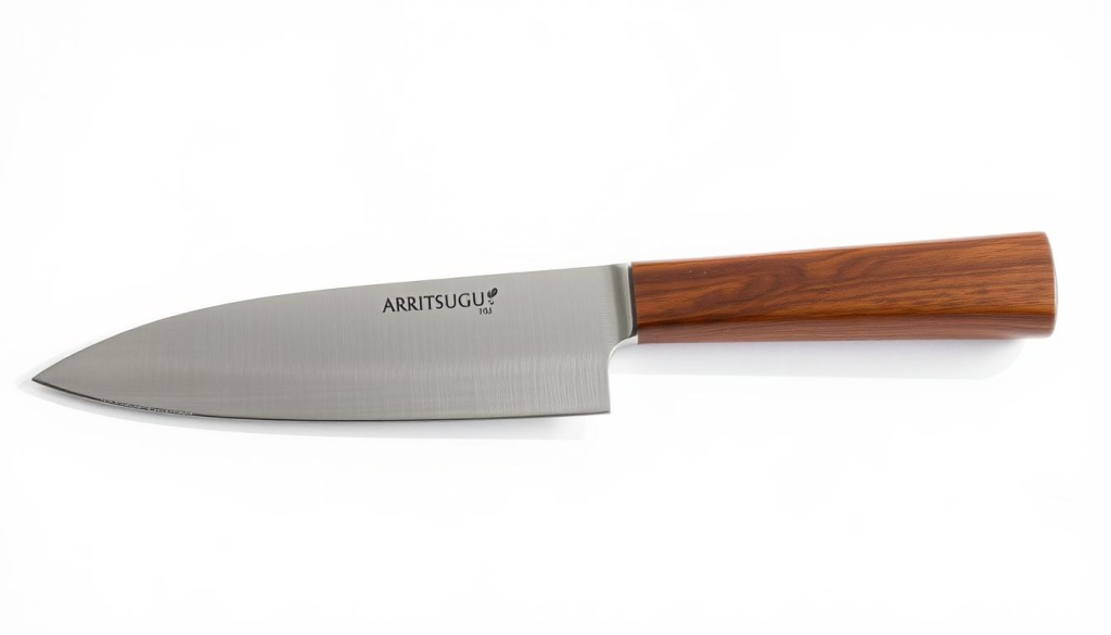 A precisely crafted Aritsugu petty knife, its blade gleaming under a soft, natural light. The sharp, single-bevel edge and gently curved profile are accentuated, showcasing the knife's exceptional craftsmanship. The handle, made of rich, dark wood, provides a comfortable and secure grip. The knife is set against a minimalist, white background, allowing its elegant form and elegant details to take center stage. The image conveys the Aritsugu petty knife's exceptional quality, functionality, and its role as a versatile, essential tool in the modern kitchen.