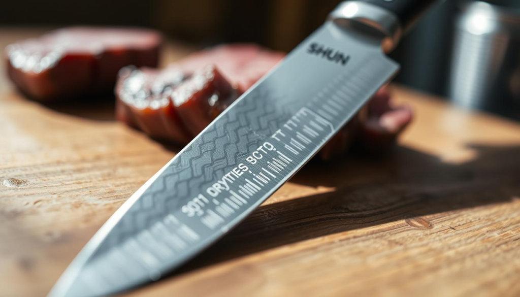 A precision Shun knife resting on a wooden surface, its blade gleaming under the soft, natural lighting. The knife is positioned diagonally, showcasing its sharp, Damascus-patterned edge and the iconic Shun logo on the handle. The background is slightly blurred, drawing the viewer's attention to the knife's intricate details and the quality of its construction. The overall mood is one of elegance and sophistication, highlighting the knife's suitability for precise, controlled cuts when preparing meat.