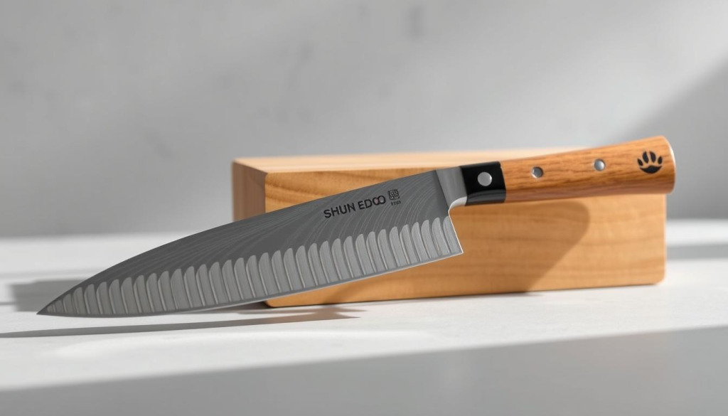 A precision-crafted Shun Edo chef's knife in the foreground, gleaming under natural light. The blade's layered construction revealed, showcasing the skilled forging and tempering process. In the middle ground, a block of high-quality Japanese magnolia wood, the knife's elegant handle material. Surrounding the knife, a minimalist background of soft gray tones, highlighting the craftsmanship. The scene conveys the knife's balance of form and function, a testament to the centuries-old traditions of Japanese bladesmithing.