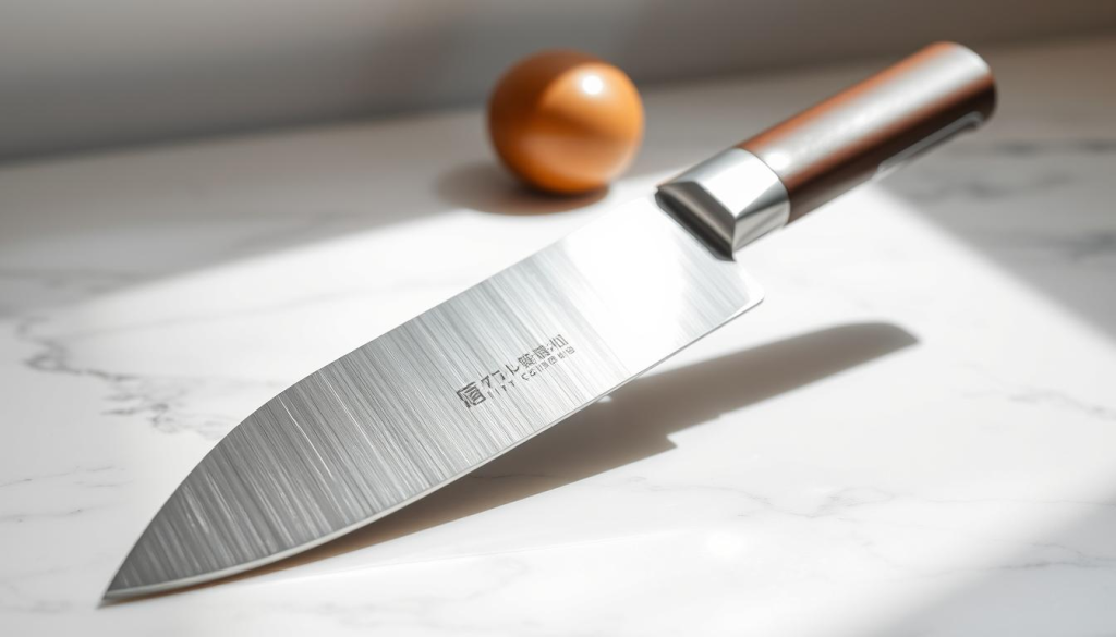 A precision culinary instrument, a petty knife, resting on a white marble countertop. Soft natural lighting illuminates the sleek, stainless steel blade with a razor-sharp edge. The blade's contours create dynamic shadows, emphasizing its elegant form. In the middle ground, the knife's wooden handle, meticulously crafted, reflects the warm tones of the traditional Japanese craftsmanship. The background is a minimalist, clean space, allowing the knife to be the focal point, showcasing its versatility and indispensable role in the culinary arts.
