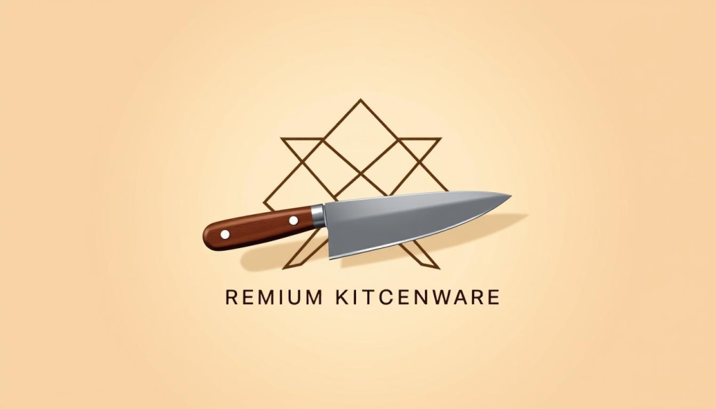 A premium kitchenware logo with a sleek, modern design. The foreground features a stylized chef's knife with a sharp, polished blade and an elegant wooden handle. The middle ground showcases a geometric pattern of intersecting lines, conveying a sense of precision and craftsmanship. The background is a soft, neutral gradient that allows the logo elements to stand out prominently. The lighting is warm and directional, creating subtle shadows that add depth and dimension to the composition. The overall mood is one of sophistication, quality, and a commitment to the art of culinary excellence.
