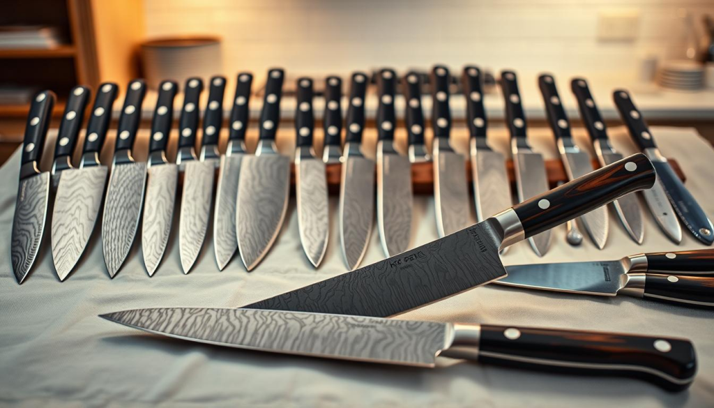 A pristine 20-piece knife set, elegantly arranged on a soft, cream-colored linen backdrop. The razor-sharp Shun Kaji blades gleam under warm, directional lighting, their damascus steel patterns reflecting an intricate, tactile allure. In the foreground, a precision-crafted chef's knife rests prominently, its sleek ebony handle and subtly curved blade hinting at the exceptional craftsmanship. The middle ground showcases the full collection - utility knives, paring knives, and a honing steel - all meticulously placed to highlight their harmonious design. The background features a subtle, bokeh-blurred kitchen scene, suggesting the set's intended purpose for the discerning culinary enthusiast. An aura of refined sophistication and culinary expertise permeates the image.