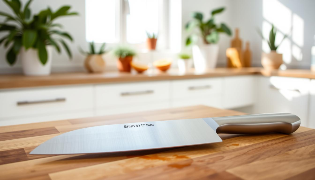 A pristine 4-inch Shun kitchen knife rests on a wooden cutting board, its razor-sharp blade gleaming under soft, natural lighting. The stainless steel handles reflect the warm hues of the kitchen, while the knife's ergonomic design suggests effortless precision and control. In the background, a minimalist, airy space with white walls and potted plants creates a serene, inviting atmosphere, showcasing the knife's versatility and suitability for everyday culinary tasks in a modern, well-appointed home kitchen.