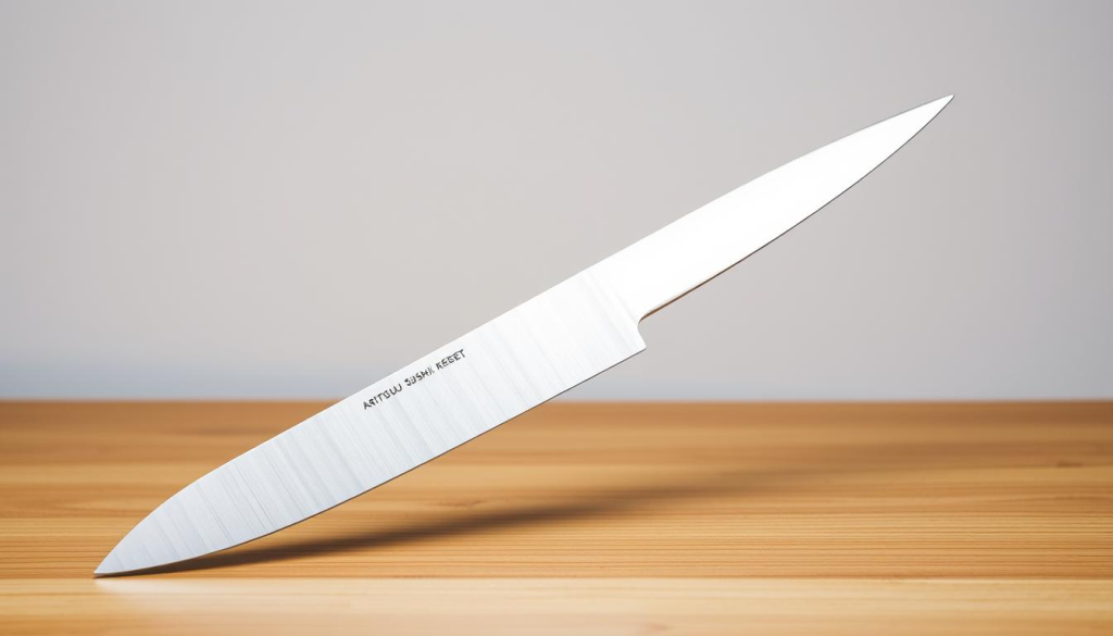 A pristine Aritsugu sushi knife resting on a clean, wooden surface, its sharp, single-bevel blade gleaming under soft, directional lighting. The knife's elegant, minimalist design and traditional Japanese craftsmanship are highlighted, showcasing its high-quality construction and suitability for precise sushi preparation. The image conveys a sense of refined, professional culinary tools, evoking the atmosphere of a well-equipped sushi kitchen. The plain background allows the knife to be the focal point, emphasizing its quality and availability for purchase.