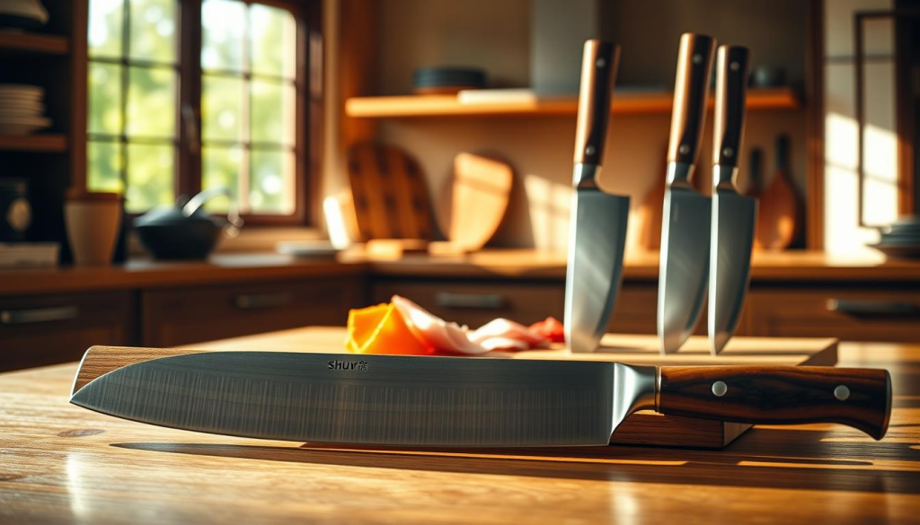 A pristine Japanese kitchen, bathed in warm natural light. On a wooden table, a meticulously arranged display of professional-grade kitchen knives from the Shun brand. The blades, forged from high-carbon stainless steel, glimmer with precision and quality. Soft shadows accentuate the graceful curves and razor-sharp edges. In the foreground, a Santoku and a Nakiri knife stand tall, their handles crafted from beautiful, durable pakkawood. In the background, a Yanagiba slicer and a Deba butcher's knife complete the elegant ensemble, radiating the craftsmanship and attention to detail that define the Shun brand. The scene exudes a sense of culinary excellence, inviting the viewer to imagine the effortless slicing and dicing that these knives can perform.
