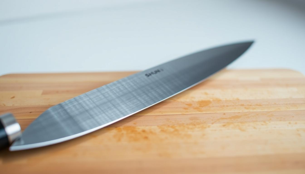 A pristine Shun 20cm chef's knife resting on a wooden cutting board, its gleaming blade catching the soft light of a well-lit studio. The knife is the central focus, with a crisp, clear view showcasing its razor-sharp edge and subtle Damascus pattern. The background is slightly blurred, creating a sense of depth and drawing the viewer's attention to the knife's intricate details. The image conveys a sense of precision, craftsmanship, and the importance of proper maintenance for this high-quality kitchen tool.