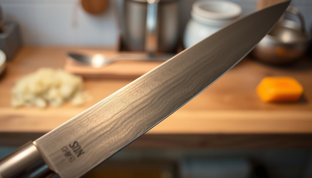 A pristine Shun knife blade, its razor-sharp edge shimmering under soft, warm lighting. The blade's surface reflects the intricate patterns of its Damascus steel, a testament to the masterful craftsmanship. In the background, a tranquil setting evokes a sense of care and attention to detail, with blurred kitchen utensils and a neutral color palette creating a harmonious, soothing atmosphere. The scene conveys the meticulous restoration process, where the knife's edge is honed to perfection, ready to elevate the culinary experience of its owner.