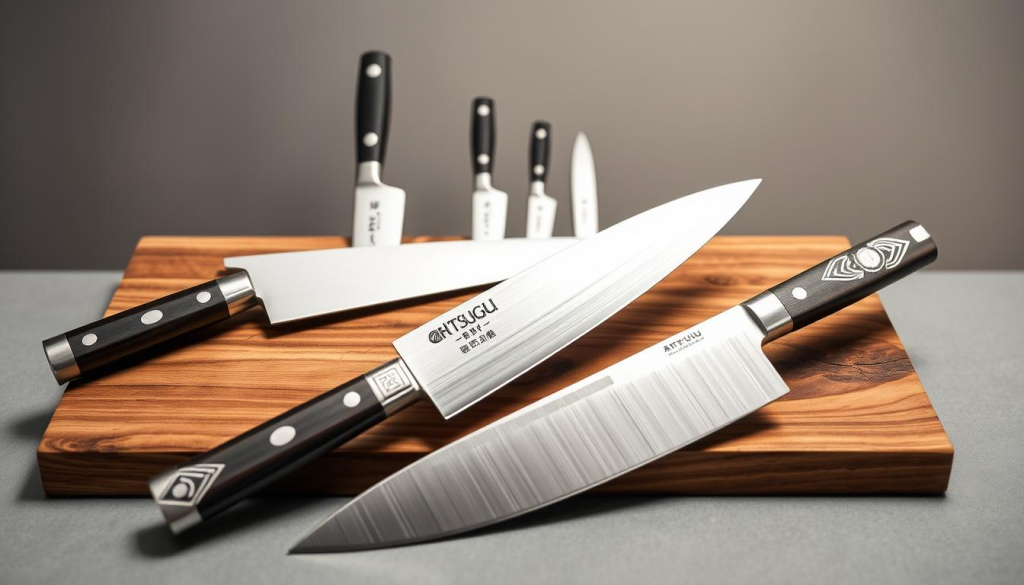 A pristine collection of Aritsugu knives, each a masterpiece of Japanese craftsmanship, rests on a minimalist wooden surface. The blades, forged from high-carbon steel, gleam under the warm, natural lighting, their edges honed to razor-sharpness. In the foreground, a chef's knife and a santoku knife stand out, their handles adorned with intricate patterns that evoke the rich cultural heritage of Kyoto. In the middle ground, a selection of smaller utility knives and paring knives are arranged, their diverse shapes and sizes reflecting the versatility of the Aritsugu line. The background is a soft, muted gray, allowing the knives to take center stage and showcasing their exceptional quality and design.