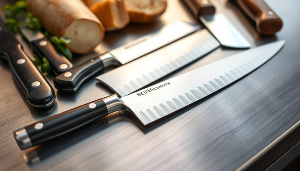 A pristine collection of high-quality kitchen knives, meticulously arranged on a sleek, brushed stainless steel surface. The blades gleam under the soft, warm lighting, showcasing their sharp, precision-honed edges. In the foreground, a gleaming 8-inch chef's knife takes center stage, its blade flawlessly balanced and weighted for effortless control. Surrounding it, a variety of specialized knives - a serrated bread knife, a delicate paring knife, and a sturdy cleaver - all exuding a sense of quality and craftsmanship. The background is softly blurred, allowing the knives to be the focal point, highlighting their value as essential tools for the discerning home cook or professional chef.