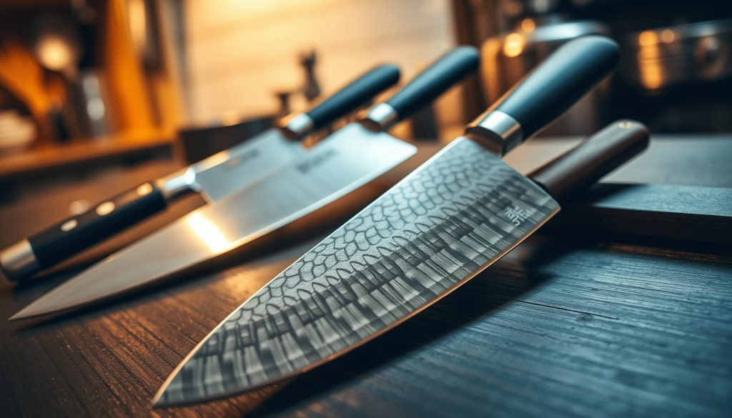 A pristine collection of premium chef's knives resting on a dark, wooden surface, bathed in warm, soft lighting. In the foreground, a gleaming, sharp-edged Santoku knife with a beautifully crafted Damascus steel blade and a sleek, ergonomic handle. Surrounding it, a set of equally impressive Gyuto and Paring knives, each with their own distinctive styles and purposes. The middle ground showcases the superior craftsmanship and attention to detail, with the blades reflecting the light in a mesmerizing display. In the background, a subtle blur of kitchen utensils and appliances, creating a sense of a professional, well-equipped culinary workspace. The overall scene exudes a sense of quality, precision, and the passion that goes into Shun Cutlery's exceptional products.