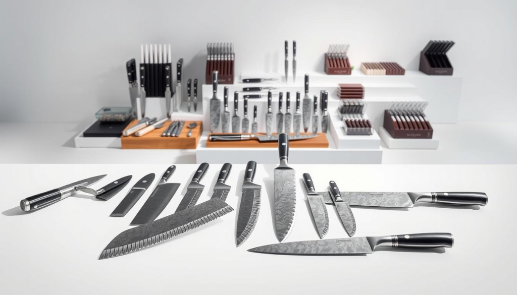 A pristine display of Shun's finest cutlery collections, showcased against a crisp, minimalist backdrop. In the foreground, a selection of Shun's signature chef's knives, damascus steel blades gleaming under soft, directional lighting. The mid-ground features Shun's renowned Santoku and Nakiri knives, their elegant handles inviting the viewer's touch. In the background, a subtle arrangement of Shun's diverse range, including their classic and specialty knife sets, all meticulously arranged to highlight the craftsmanship and attention to detail that define the Shun brand. The overall mood is one of refined sophistication, capturing the essence of Shun's commitment to culinary excellence.