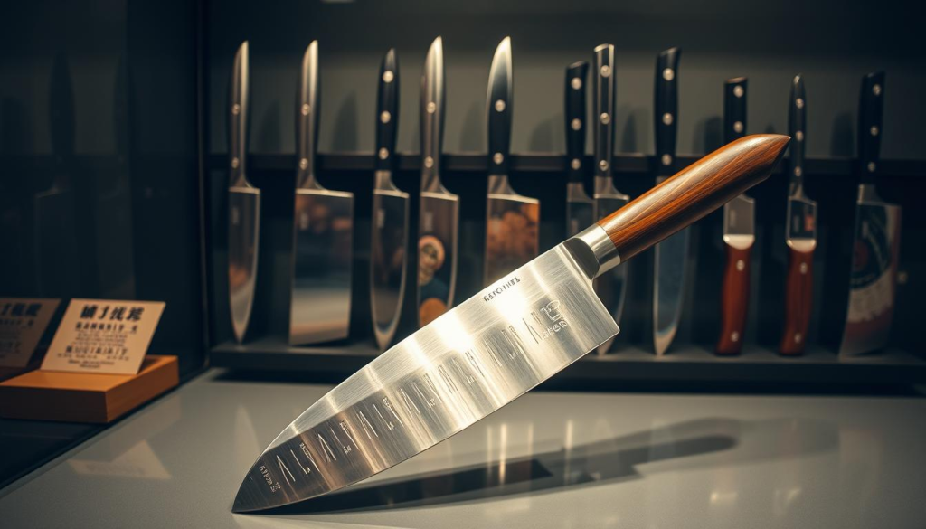 A pristine glass display showcasing an assortment of high-quality Japanese kitchen knives, their blades gleaming under soft, warm lighting. In the foreground, a Santoku knife with a razor-sharp, hand-forged blade, its handle crafted from exquisite wood. In the middle ground, a set of Yanagiba sushi knives, their slender profiles hinting at their precision. Farther back, a selection of Deba and Usuba knives, their weighted tangs and elegant curves suggesting decades of expert craftsmanship. The overall scene exudes a sense of understated elegance and timeless artistry, inviting the viewer to imagine the exceptional culinary experiences these knives could facilitate.