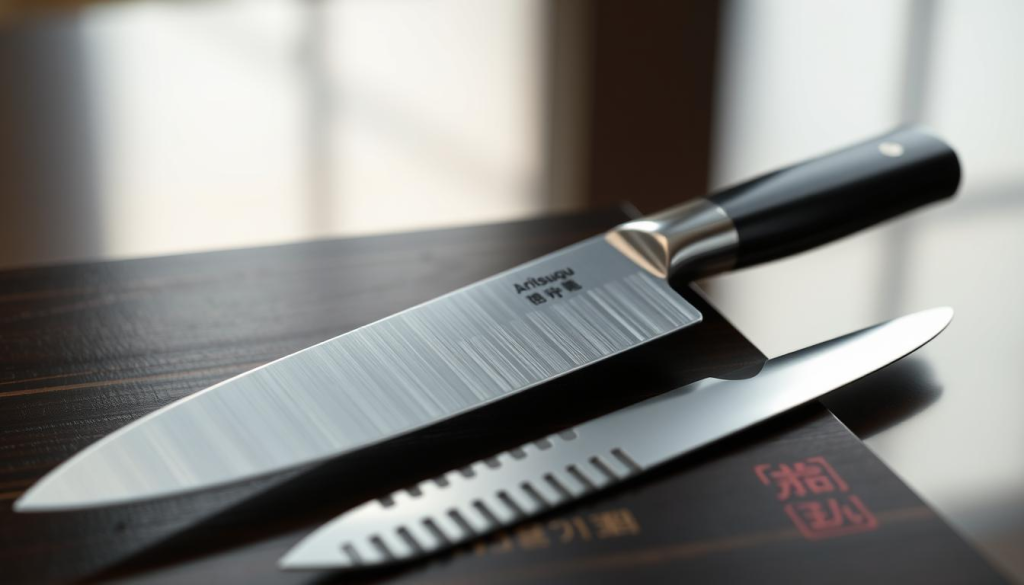 A pristine, high-quality Aritsugu knife set resting on a dark wooden surface, its blades gleaming under soft, natural lighting. The set consists of a chef's knife, a paring knife, and a serrated bread knife, each crafted with precision from the finest Japanese steel. The knives are arranged in a visually appealing manner, inviting the viewer to imagine their exceptional performance and quality. The background is slightly blurred, allowing the knives to be the focal point, showcasing their elegance and craftsmanship. The overall atmosphere is one of sophistication, attention to detail, and the appreciation for fine culinary tools.