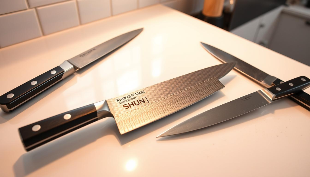 A pristine kitchen countertop with a clean, minimalist aesthetic. In the center, a Shun 7-inch chef's knife rests alongside several other popular knife brands, allowing for a side-by-side comparison. The Shun knife's razor-sharp Damascus steel blade glistens under the warm, directional lighting, highlighting its superior craftsmanship. The other knives are positioned strategically, enabling viewers to appreciate the Shun's unique design, ergonomics, and overall quality. The scene conveys a sense of precision, attention to detail, and the high-performance capabilities of the Shun knife, inviting the viewer to imagine its use in culinary masterpieces.