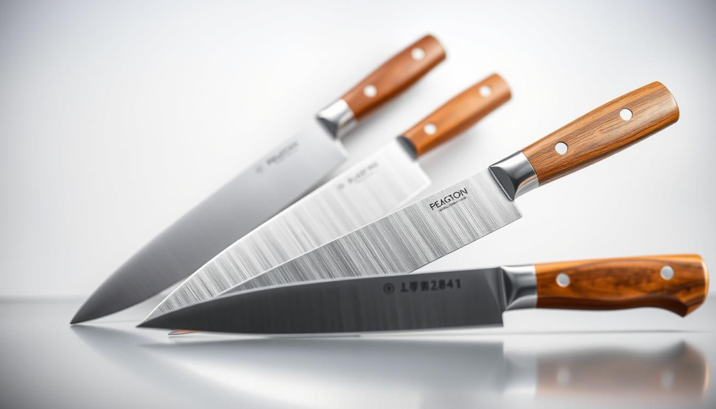 A pristine set of premium kitchen knives, expertly crafted with razor-sharp Japanese steel blades. The knives are arranged in a well-lit, minimalist setting, showcasing their sleek, modern design. The blades gleam under the soft, directional lighting, highlighting their exceptional edge retention and precision. The knife handles are made of exquisite hardwood, providing a comfortable and secure grip. The knives are positioned on a smooth, reflective surface, creating a sense of depth and elegance. The overall composition conveys the high-quality, functional, and visually stunning nature of this culinary set.