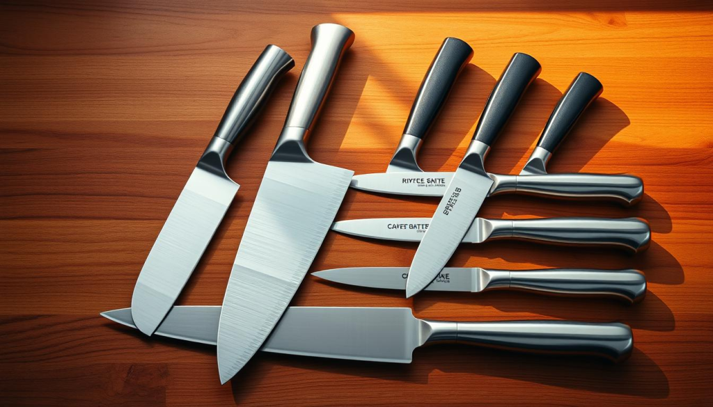 A pristine, stainless steel knife set arranged in a visually striking tableau. The blades gleam under soft, warm lighting, casting gentle shadows across a smooth, wooden surface. The knives are precisely aligned, each one a testament to craftsmanship and utility. The set includes a variety of sizes, from a sturdy chef's knife to a delicate paring blade, all beautifully presented to showcase their quality. The overall composition exudes a sense of elegance and professionalism, inviting the viewer to imagine the culinary possibilities these tools can unlock.