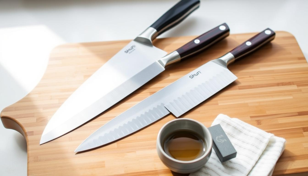 A pristine wooden cutting board with a meticulously arranged set of Shun knives in varying sizes, from a sleek chef's knife to a delicate paring knife. The blades gleam under soft, natural lighting, their razor-sharp edges hinting at their precise craftsmanship. In the foreground, a small ceramic bowl holds a subtle blend of honing oil and sharpening stones, signifying the care and attention required to maintain these Japanese culinary treasures. The middle ground features a neatly folded kitchen towel, a subtle nod to the importance of cleanliness and order when handling these high-quality tools. The background is a simple, minimalist setting, allowing the knives and their accessories to take center stage, conveying a sense of reverence and appreciation for the art of Shun knife care.